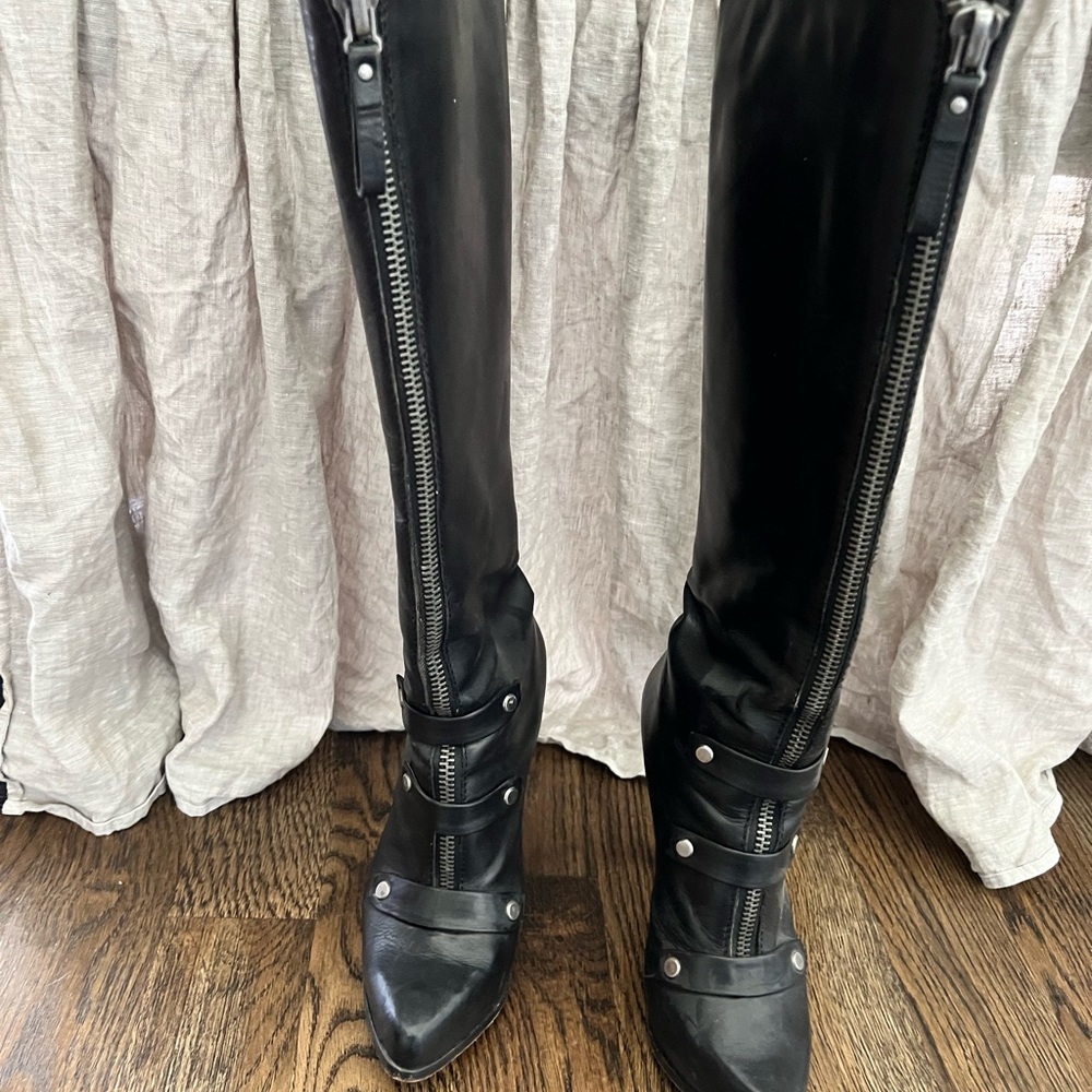 Tall black leather dress boot, very unique, great condition!